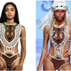 Left, Screenshot of Bfyne’s “Kenzo” swimsuit; Right, a model walks the runway for Silvia Ulson at Miami Swim Week powered by Art Hearts Fashion Swim/Resort 2018/19 at Faena Forum on July 12, 2018 in Miami Beach, Florida.